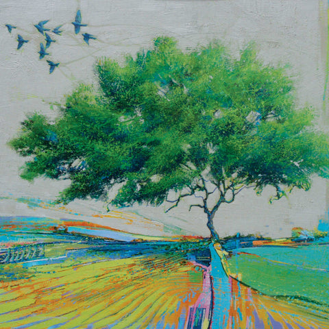 Nine Birds and a Single Tree by Daniel Cole, Fine Art Greeting Card, Oil on Board, Nine birds and one tree