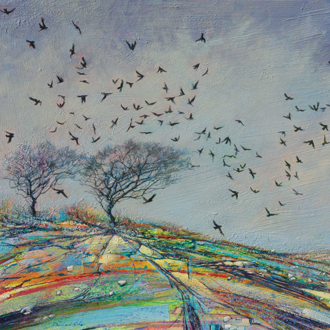 Winter Crows by Daniel Cole, Fine Art Greeting Card, Oil on Board, Lots of crows and two trees