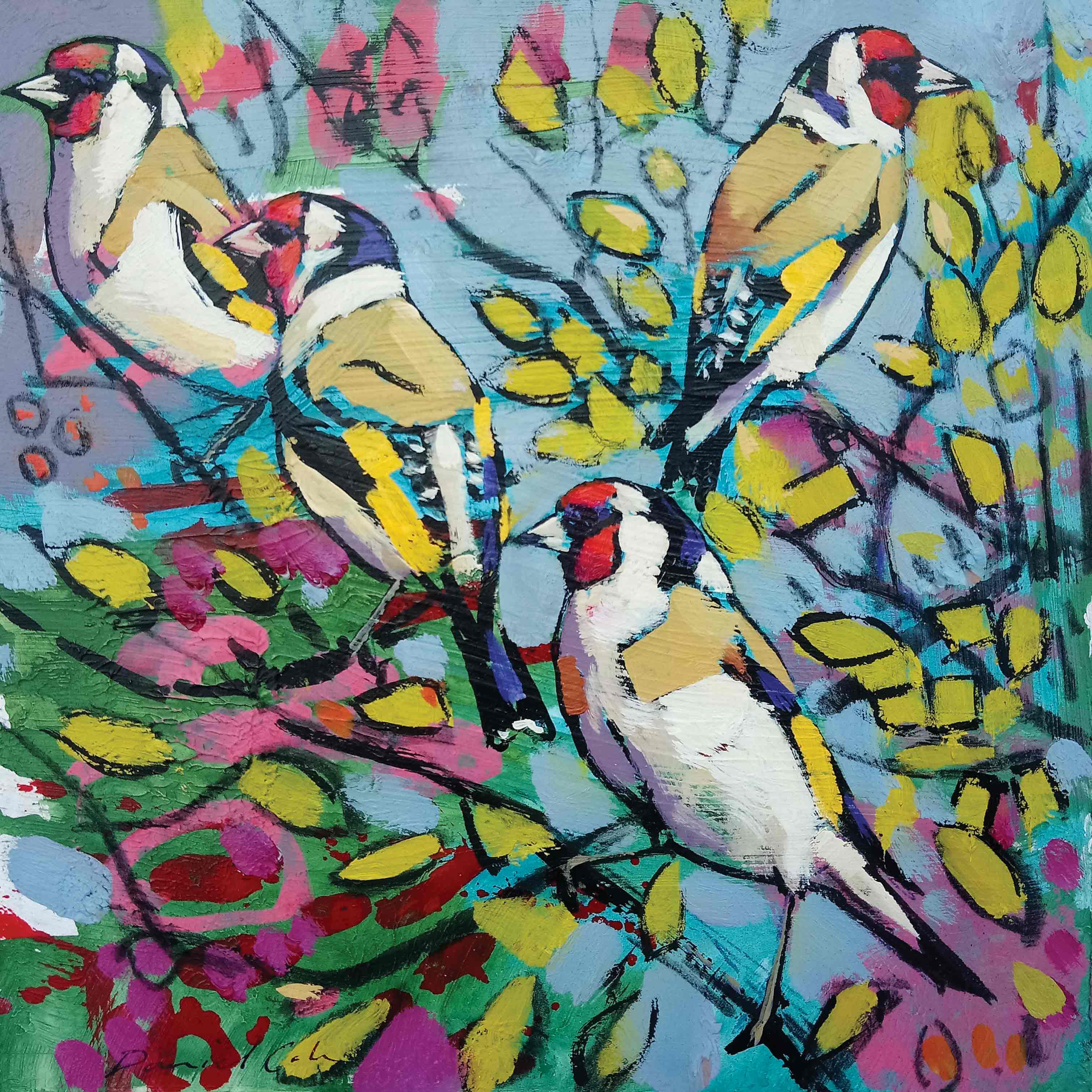 Fine Art Greeting Card by Daniel Cole, Oilpainting, Four Goldfinches in a tree