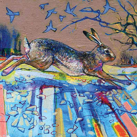 Fine Art Greeting Card by Daniel Cole, Oilpainting, A leaping hare and winter birds