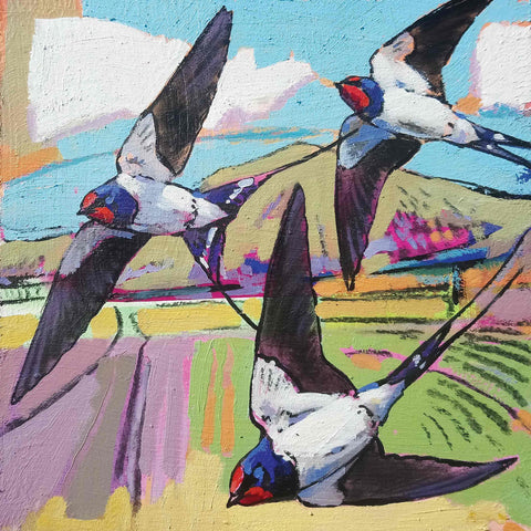 Art Greeting Card by Daniel Cole, Swallows, Oil on Board, Swallows flying over field