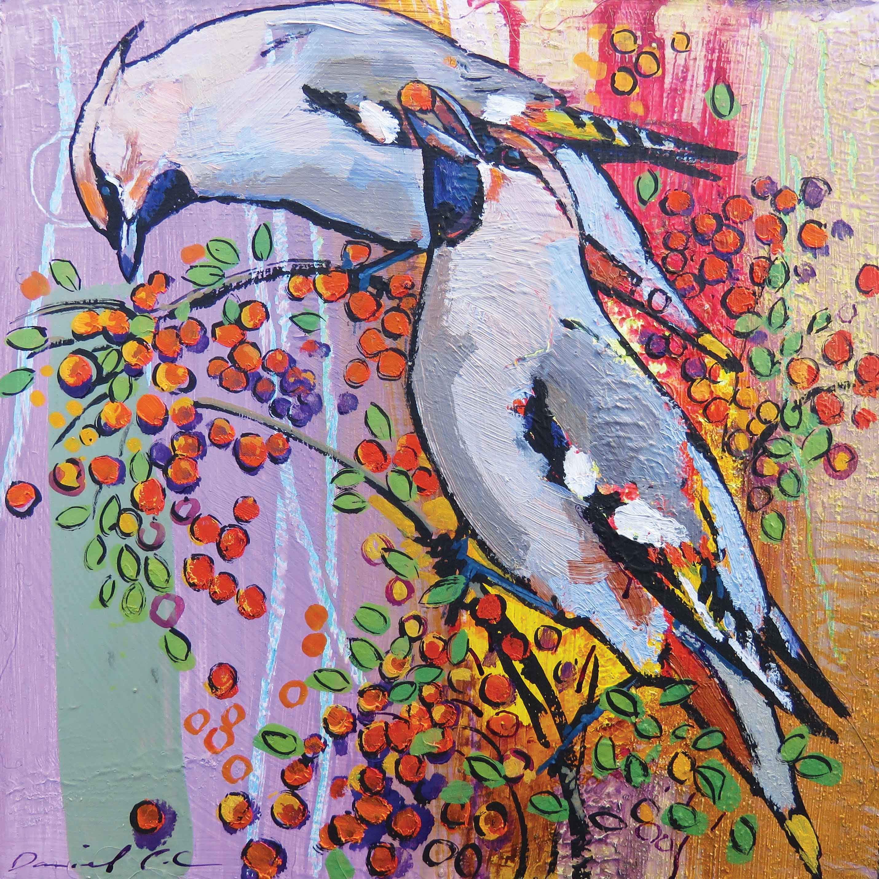 Art greeting card by Daniel Cole, two waxwings eating berries