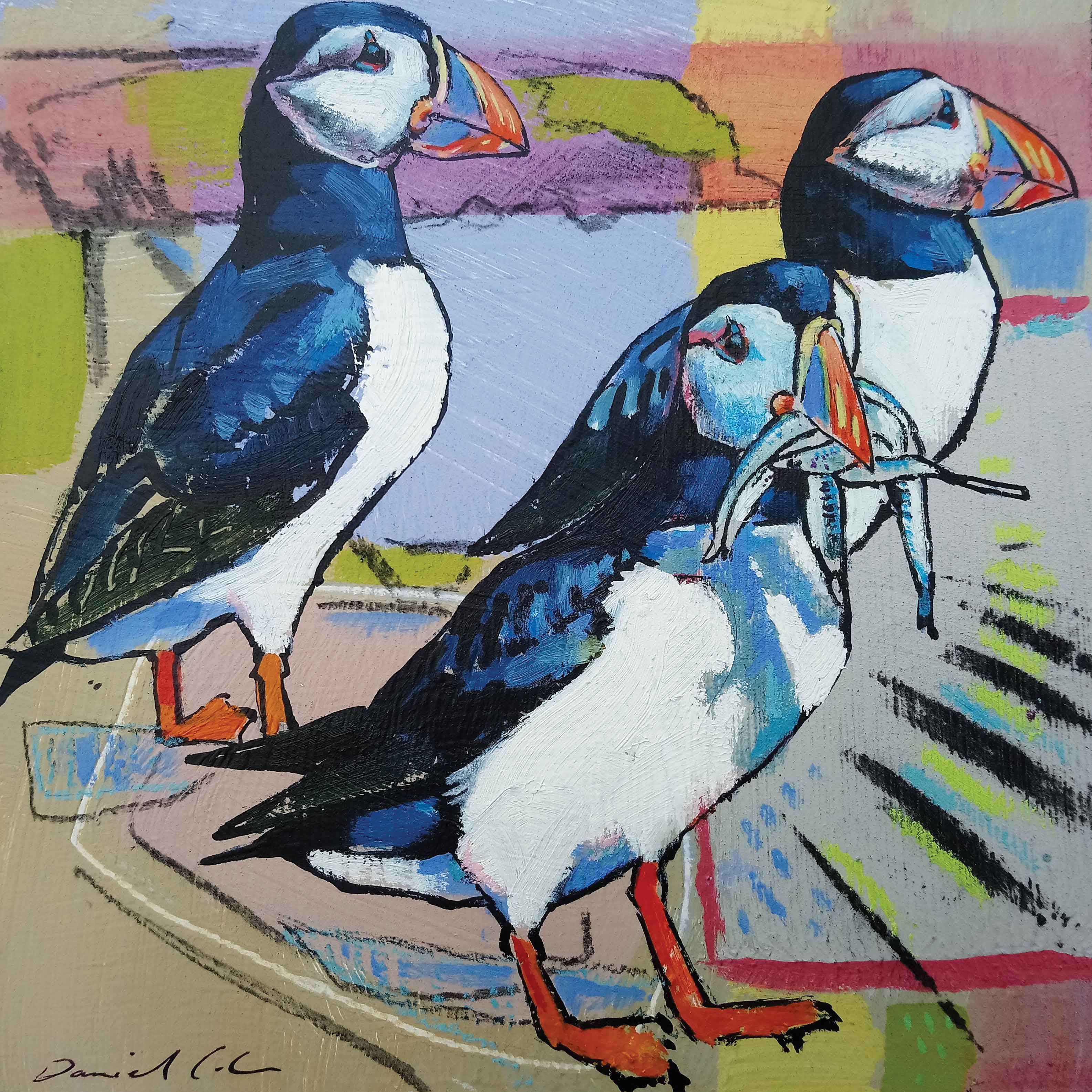 Art greeting card by Daniel Cole, Three puffins
