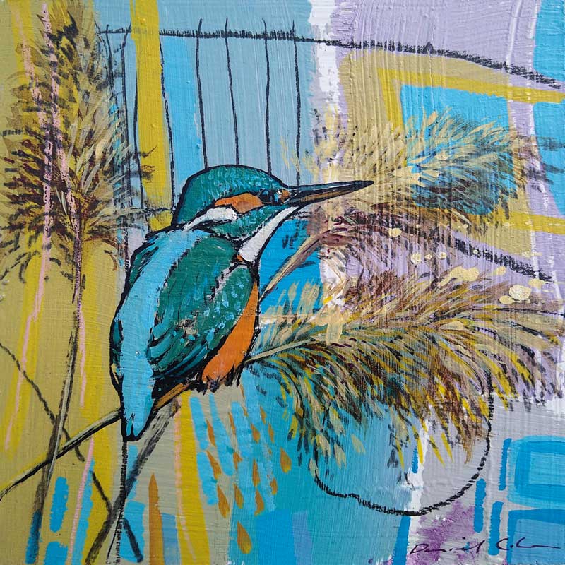 Fine Art Greeting Card by Daniel Cole, Colourful oil painting with kingfisher on the reeds