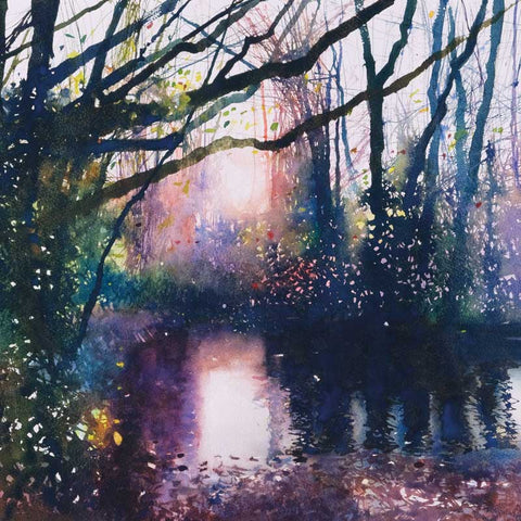 Art Greeting Card by David Parfitt, watercolour painting, morning light on tranquil river scene
