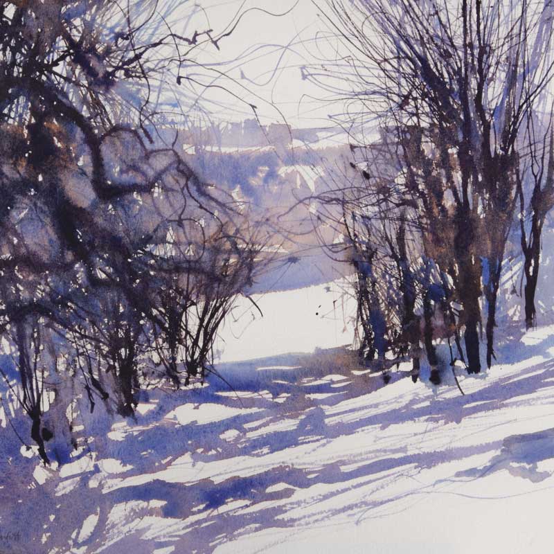Art Greeting Card by David Parfitt, watercolour painting, snowy winter landscape