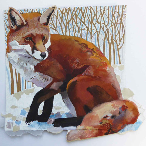 Art greeting card by Elizabeth McCrimmon, A Fox Jumped Out, mixed media, winter scene with fox