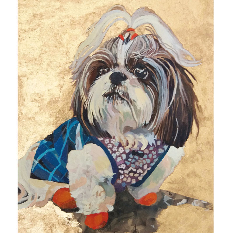Art greeting card, watercolour painting of a Shih Tzu dog wearing a jumper with it's hair tied up.