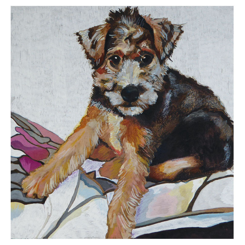 Art greeting card, painting of a puppy on a bed,