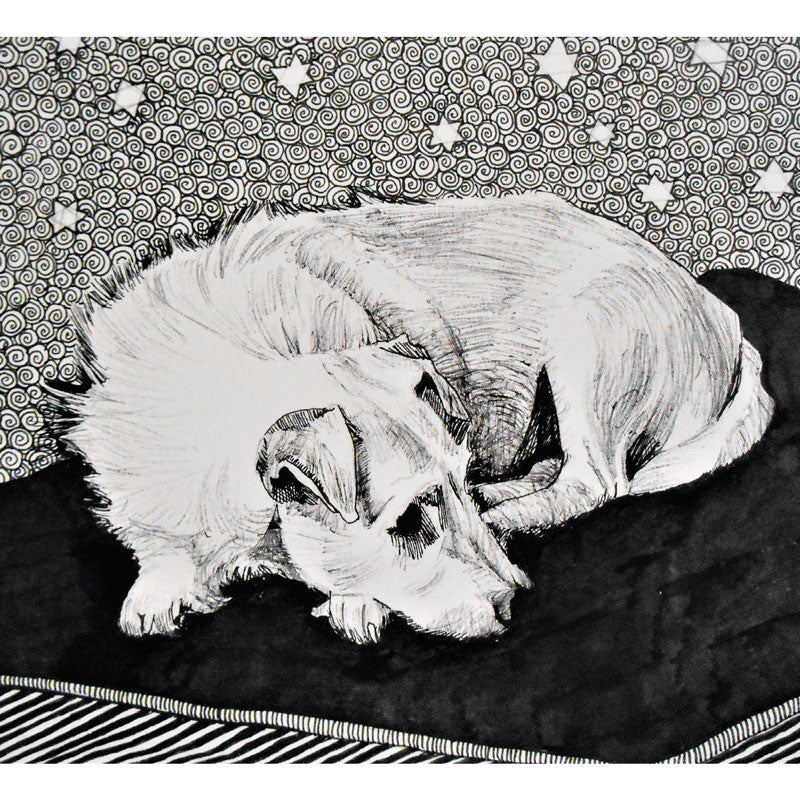 Art greeting card, ink drawing of a small white dog lying on a mat with stars in the background.