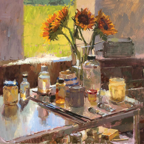 Art greeting card by Haidee-Jo Summers, Sunflowers and artist materials in studio