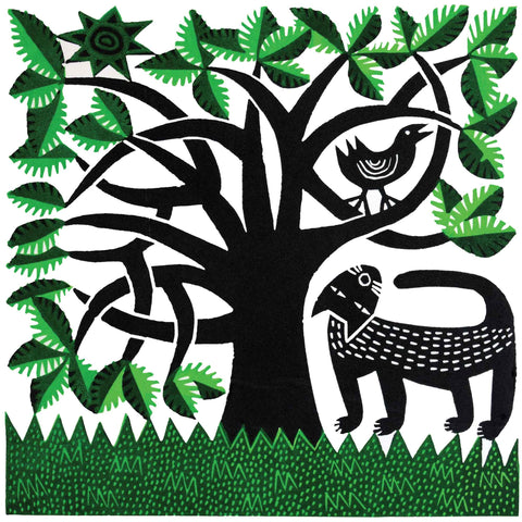 Cat and Bird by Hilke MacIntyre, Art Greeting Card, Linocut, Cat looking at bird in tree