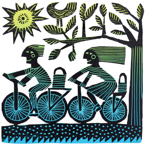 Cyclists by Hilke MacIntyre, Art Greeting Card, Woodcut, Two cyclists