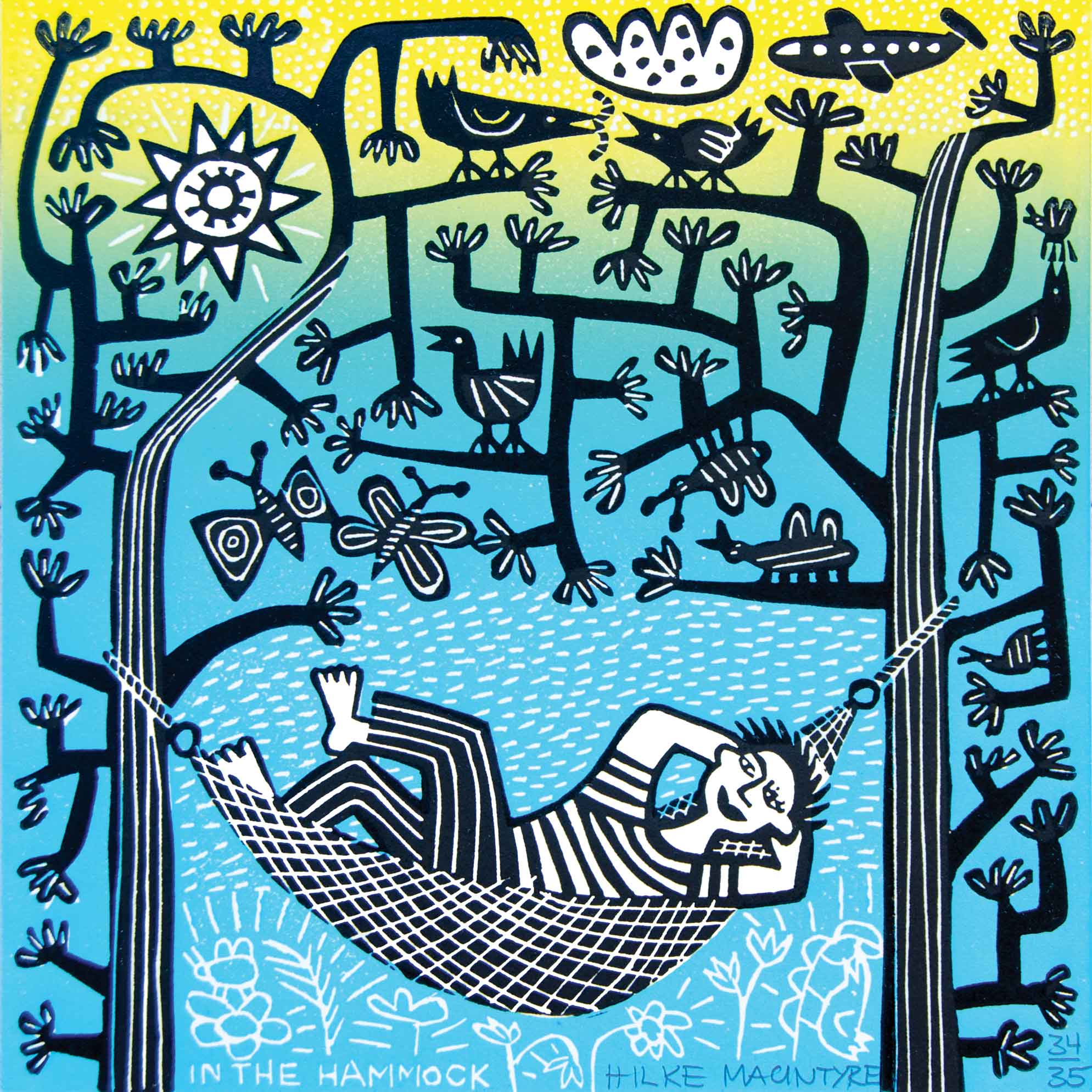 In the Hammock by Hilke MacIntyre, Art Greeting Card, Linocut, Woman in hammock