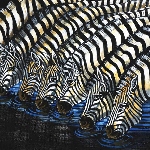 Fine Art Greeting Card, Watercolour, Group of zebras drinking