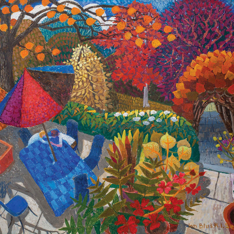 Art greeting card by Ian Bliss, acrylic, couple at table in the garden, talking 