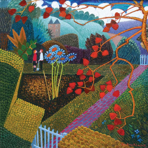 Fine Art Greeting Card, Acrylic on Board, Chatting in the Garden