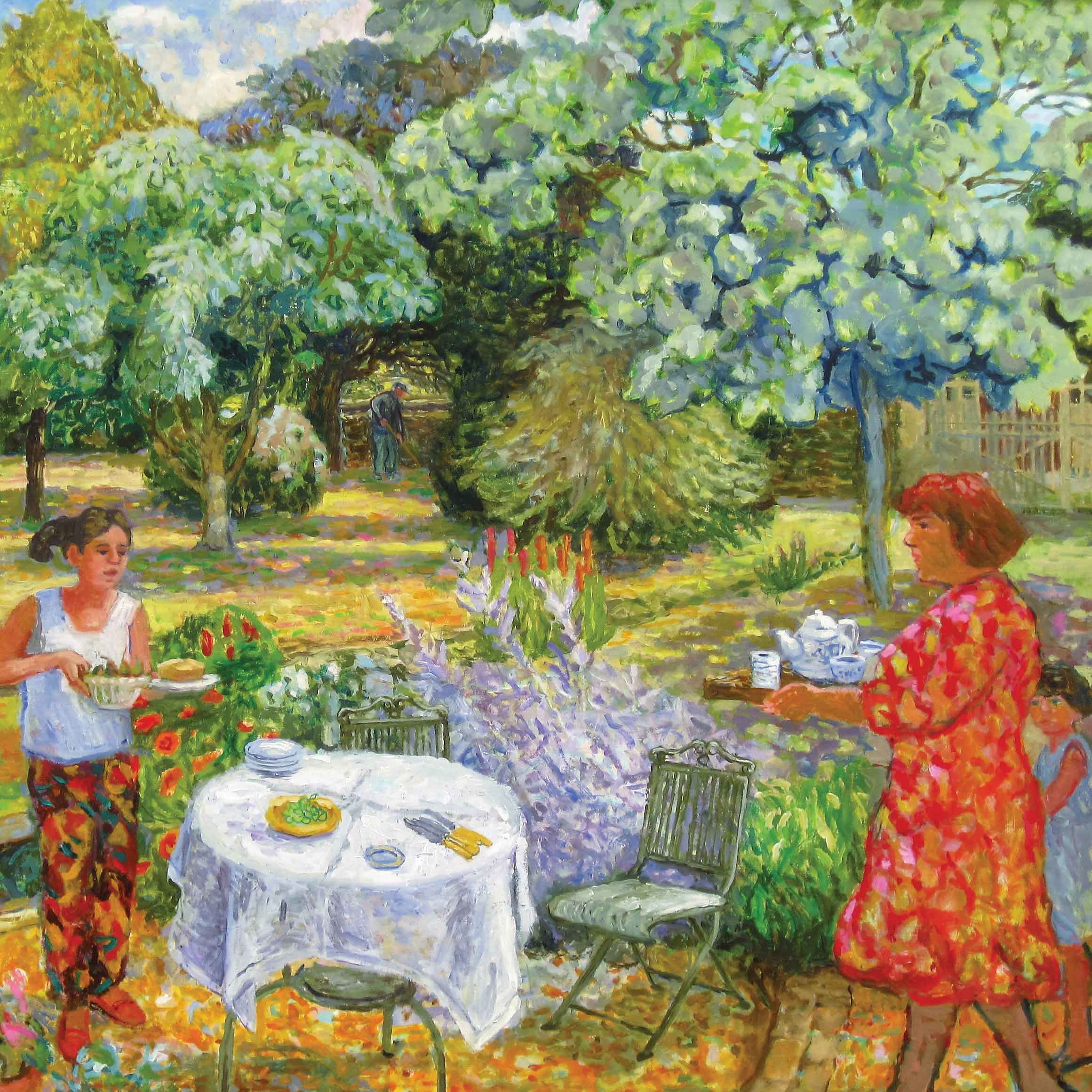 Tea in the Garden by June Berry, Fine Art Greeting Card, Watercolour, Woman and two girls setting garden table