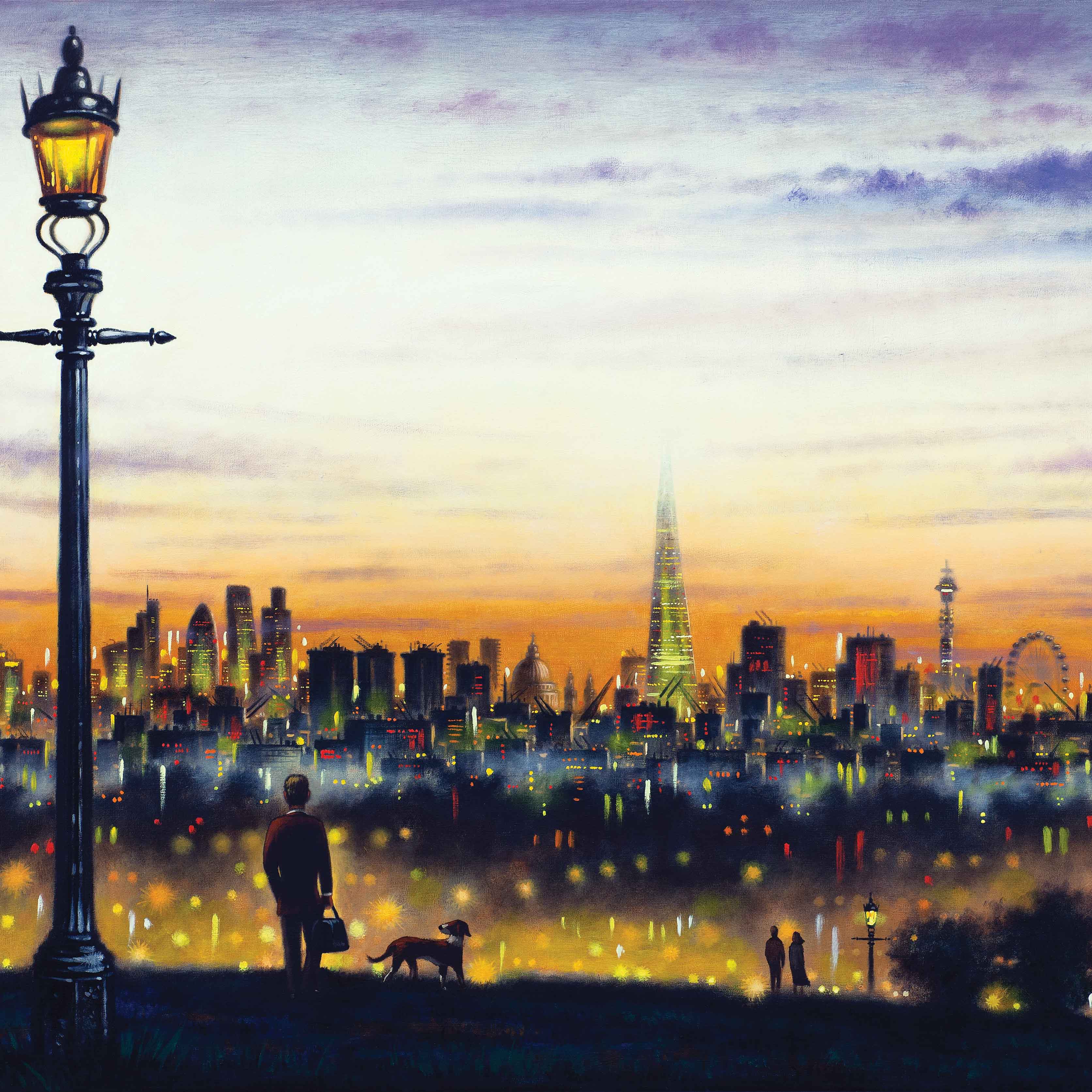 Primrose Hill by John Duffin, Fine Art Greeting Card, Oil Painting, Man and dog on Primrose Hill