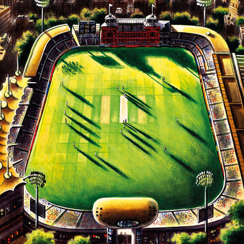 View from above of a cricket game at Lord's.