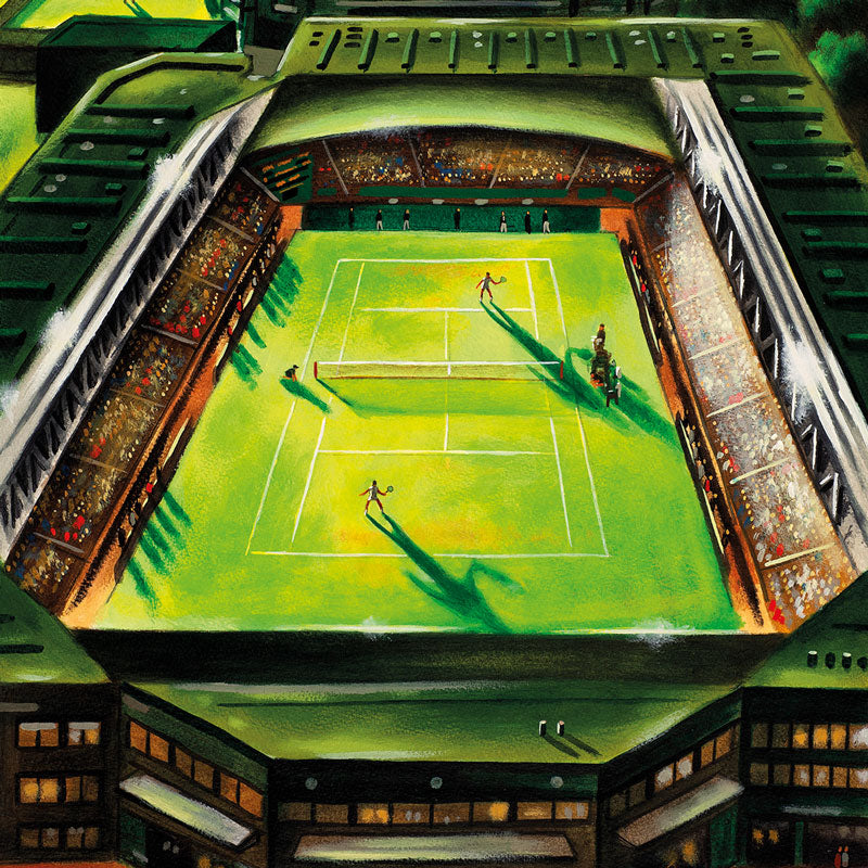 A tennis game in progress on centre court at Wimbledon Tennis Club.