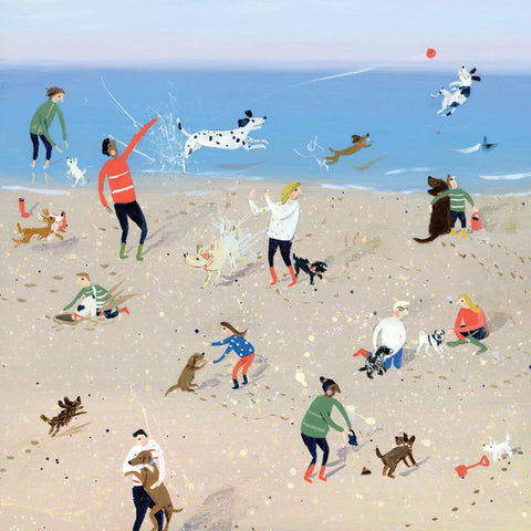 Art greeting card by Jenni Murphy, Seaside Doggies, acrylic, dogs and people on the beach