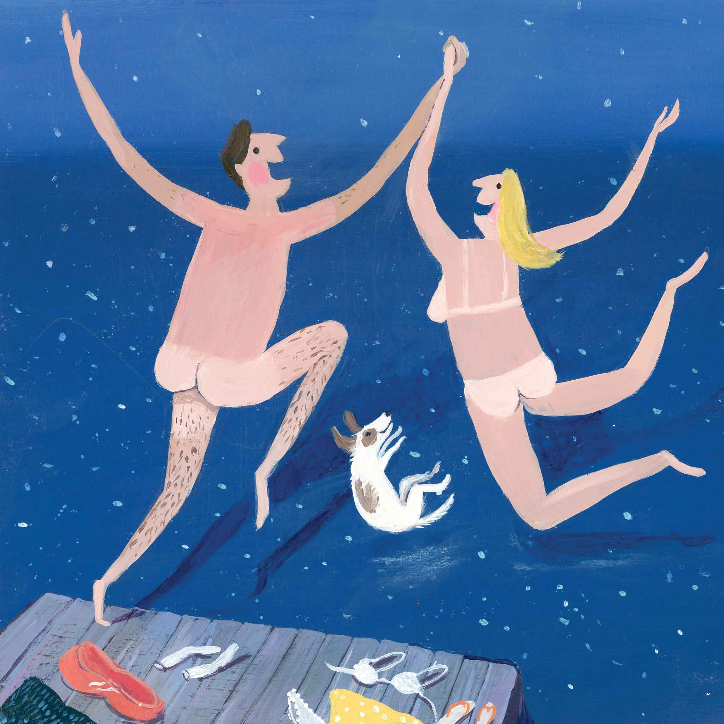 Art greeting card by Jenni Murphy, Skinny Dippers, acrylic, a couple skinny dipping and their dog