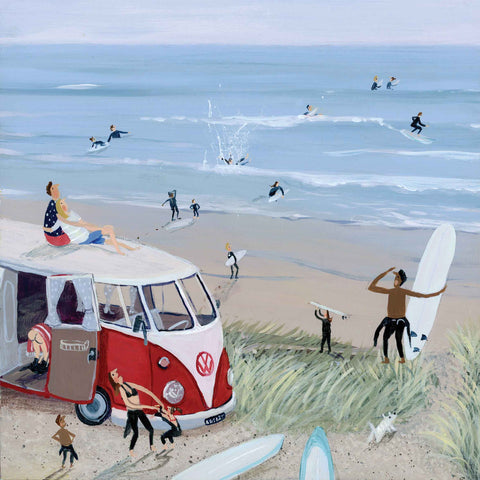 Art greeting card by Jenni Murphy, Surfing, acrylic, beach scene with camper van and surfers in and out of water