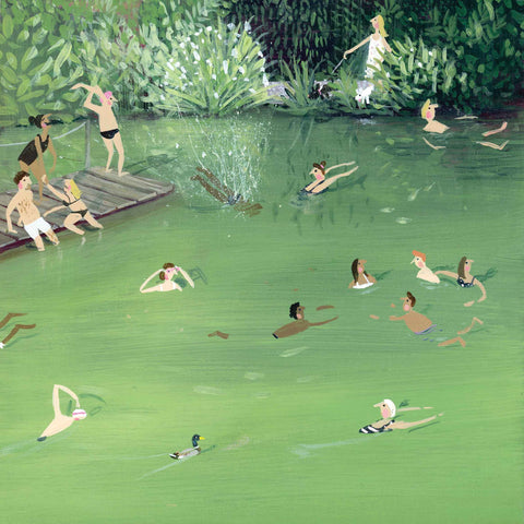 Art greeting card by Jenni Murphy, Wild Swimming, acrylic, people swimming in a lake