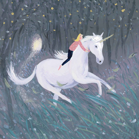 Art greeting card by Jenni Murphy, Unicorn, acrylic, woman on unicorn in woods