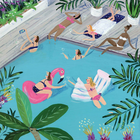 Girls' Holiday, Art greeting card by Jenni Murphy, acrylic, group of holidaying women in and around a pool 