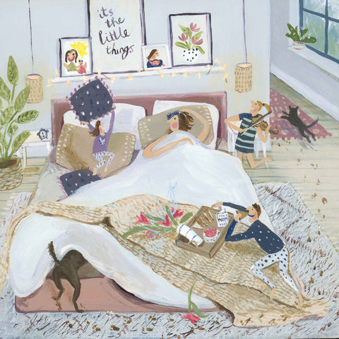 Art greeting card by Jenni Murphy, Children and dog waking mum for mothers day