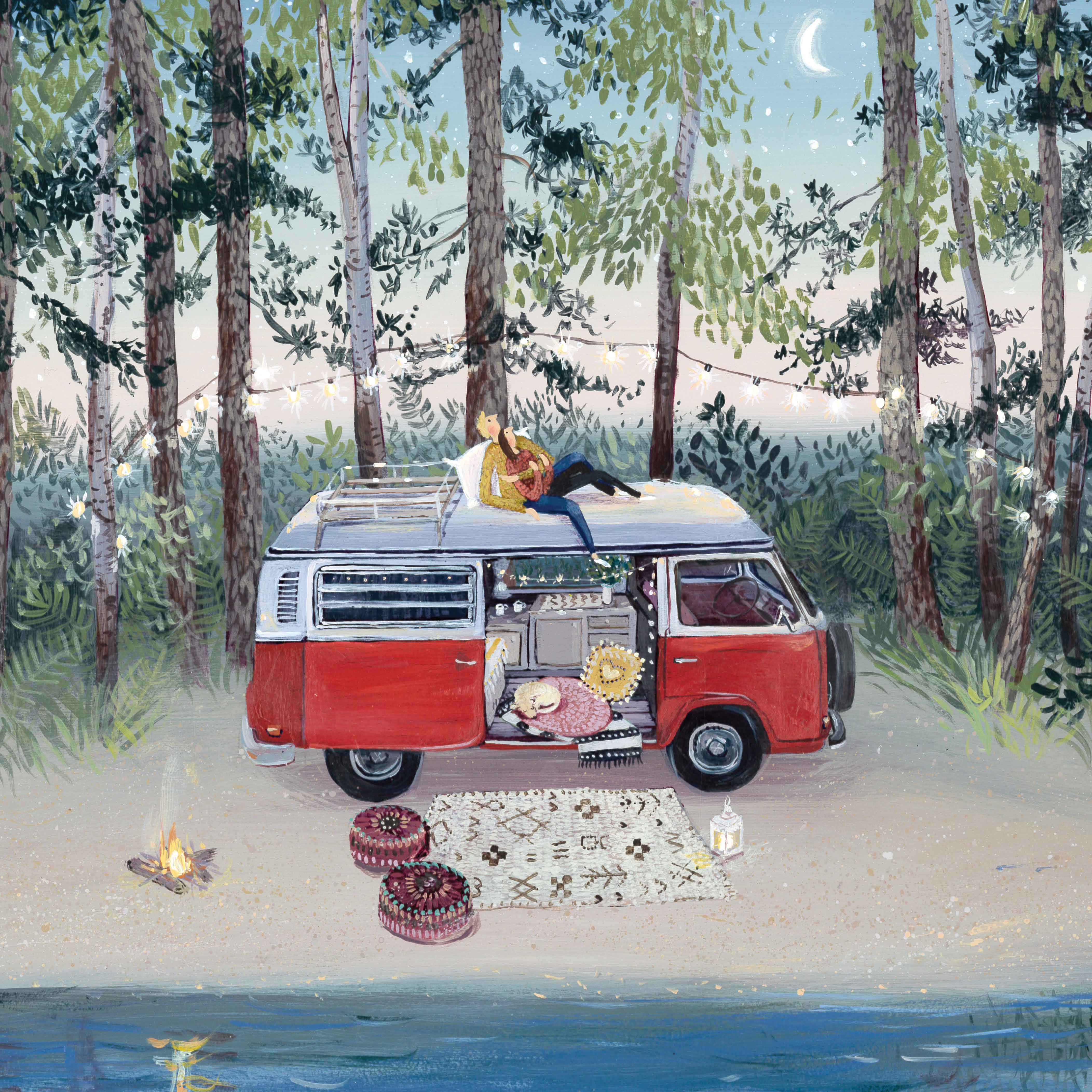 Art greeting card by Jenni Murphy, Acrylic, Van parked by trees, couple holding each other watching the stars
