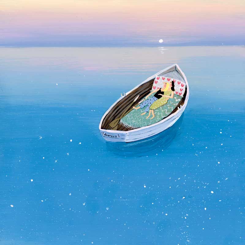 Fine Art Greeting card by Jenni Murphy, Acrylic painting of female couple in a boat on tranquil sea