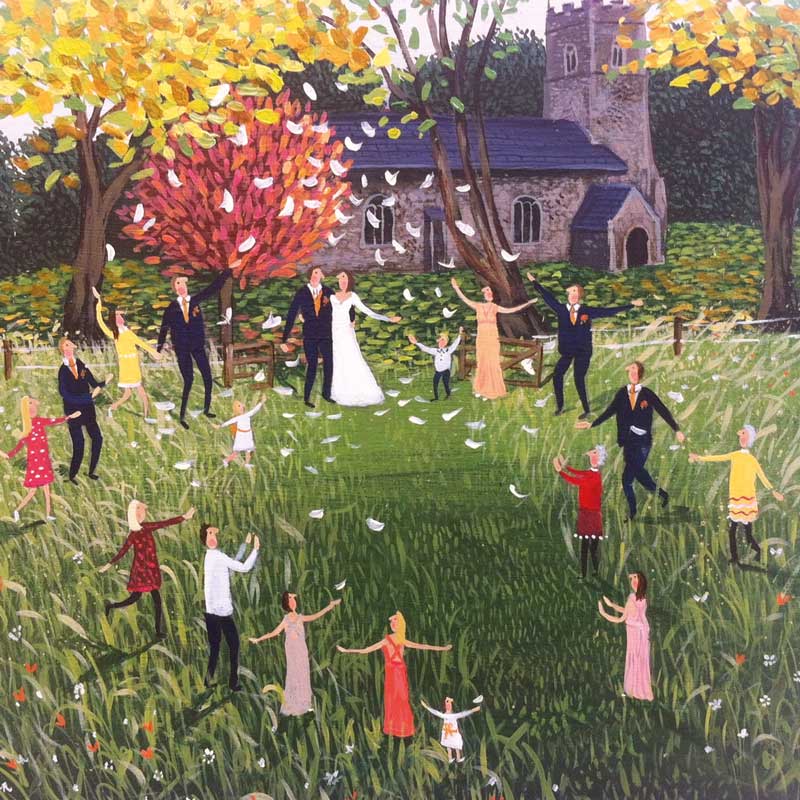 Fine Art Greeting Card by Jenni Murphy, Acrylic painting of outdoor autumnal wedding scene