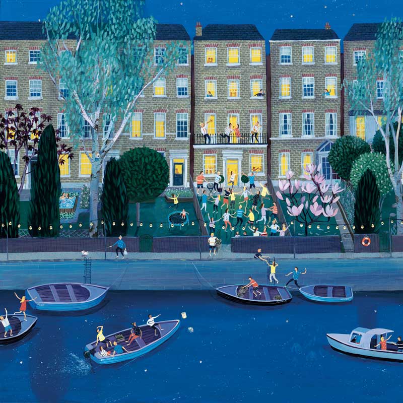Fine Art Greeting Card by Jenni Murphy, Acrylic painting of party in terrace with boats arriving