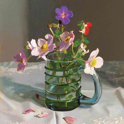 Art Greeting Card by Jeremy Galton, September Flowers, Oil on Panel, Flowers in glass on table