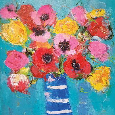 Art Greeting Card by Jenny Handley, Colourful Bouquet, Acrylic painting, flowers in vase