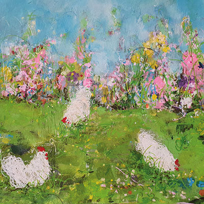 Art Greeting Card by Jenny Handley, Three Hens, Acrylic painting, hens in garden