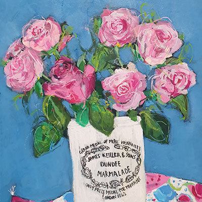 Art Greeting Card by Jenny Handley, Simply Flowers, Acrylic painting, pink roses in vase