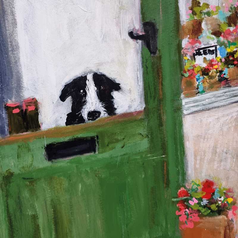 Fine Art Greeting Card by Jenny Handley, Acrylic painting of dog looking through glass door