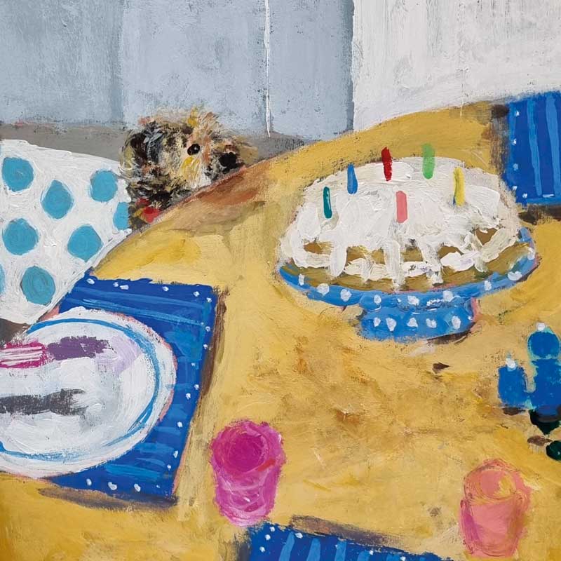 Fine Art Greeting Card by Jenny Handley, Acrylic painting of dog watching birthday cake on table