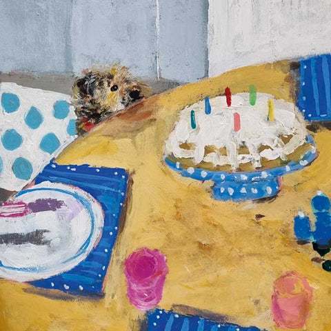 Fine Art Greeting Card by Jenny Handley, Acrylic painting of dog watching birthday cake on table