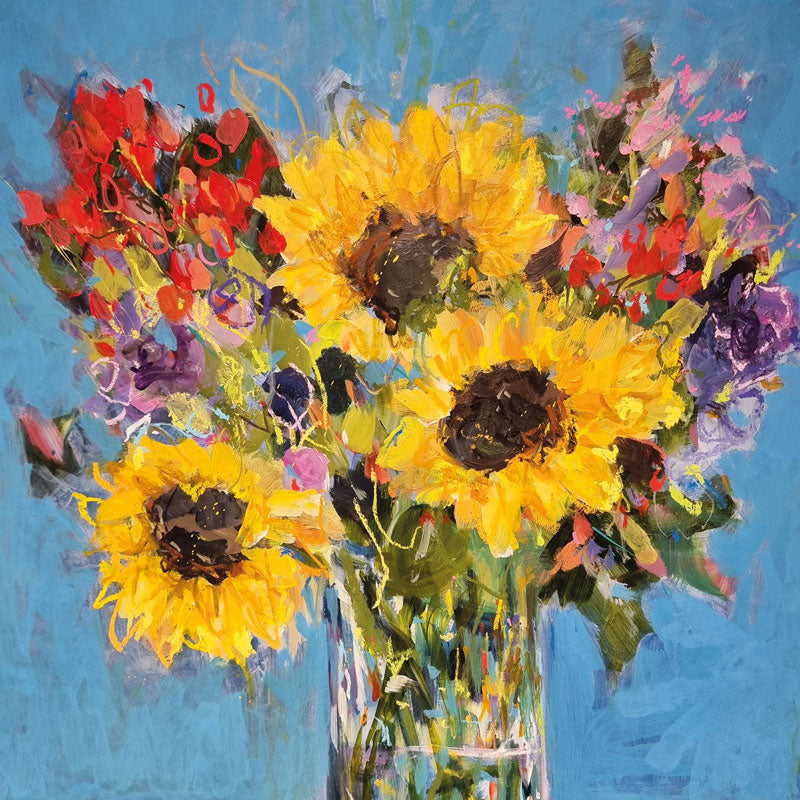 Art greeting card by Jenny Handley. Painting of sunflowers in a vase with a blue background.
