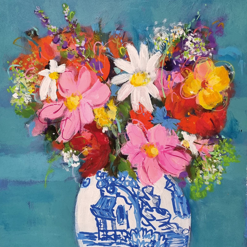 Art greeting card by Jenny Handley. Vase of colourful flowers with a blue background.