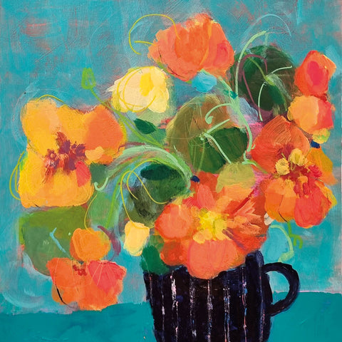 Art greeting card by Jenny Handley. Nasturtium flowers in a black vase with a blue back ground. 