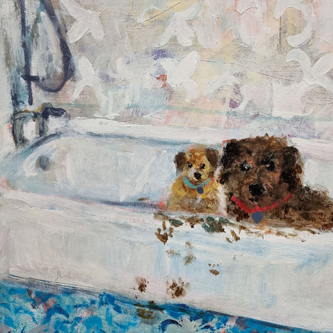 Art greeting card by Jenny Handley. Two muddy dogs in a bath tub.