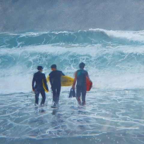 Art Greeting Card by Jon Pryke, Pastel, Three surfers going into the sea