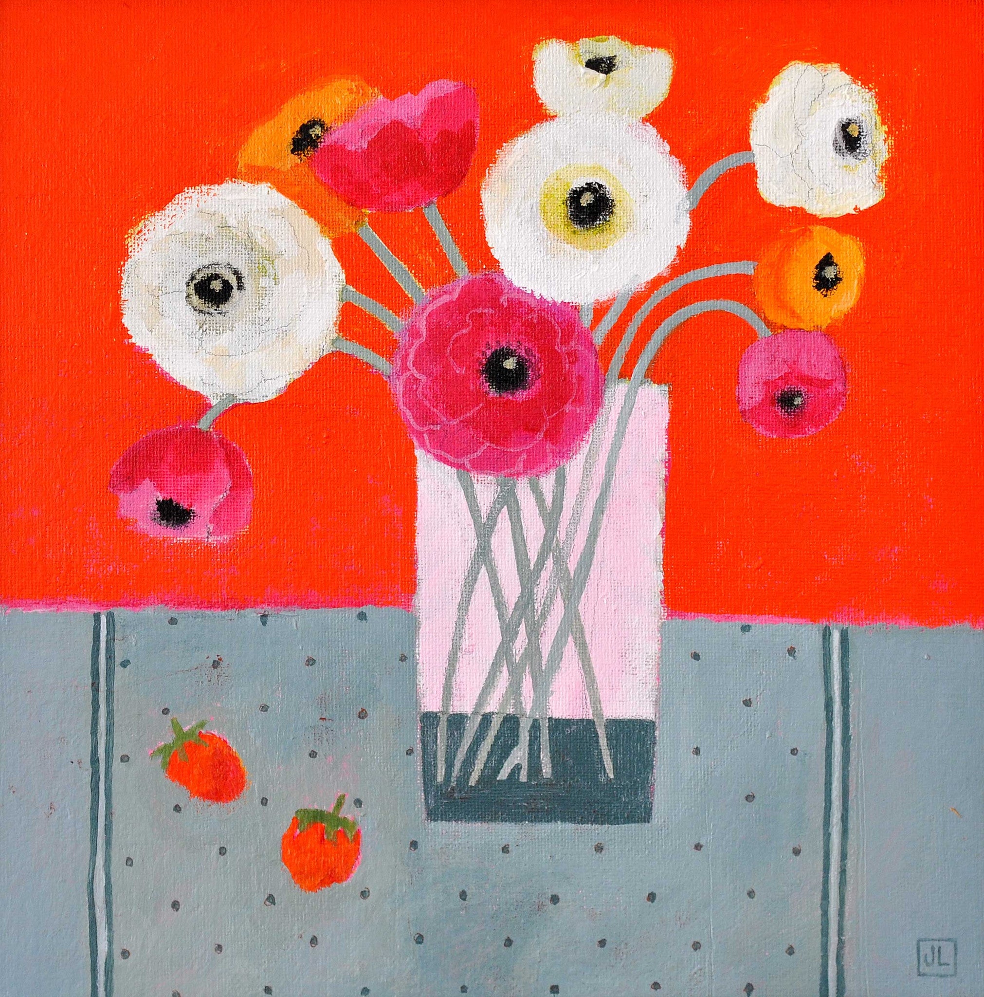 Fine Art Greeting Card, Acrylic on Board, Ranunculus in a glass with orange background