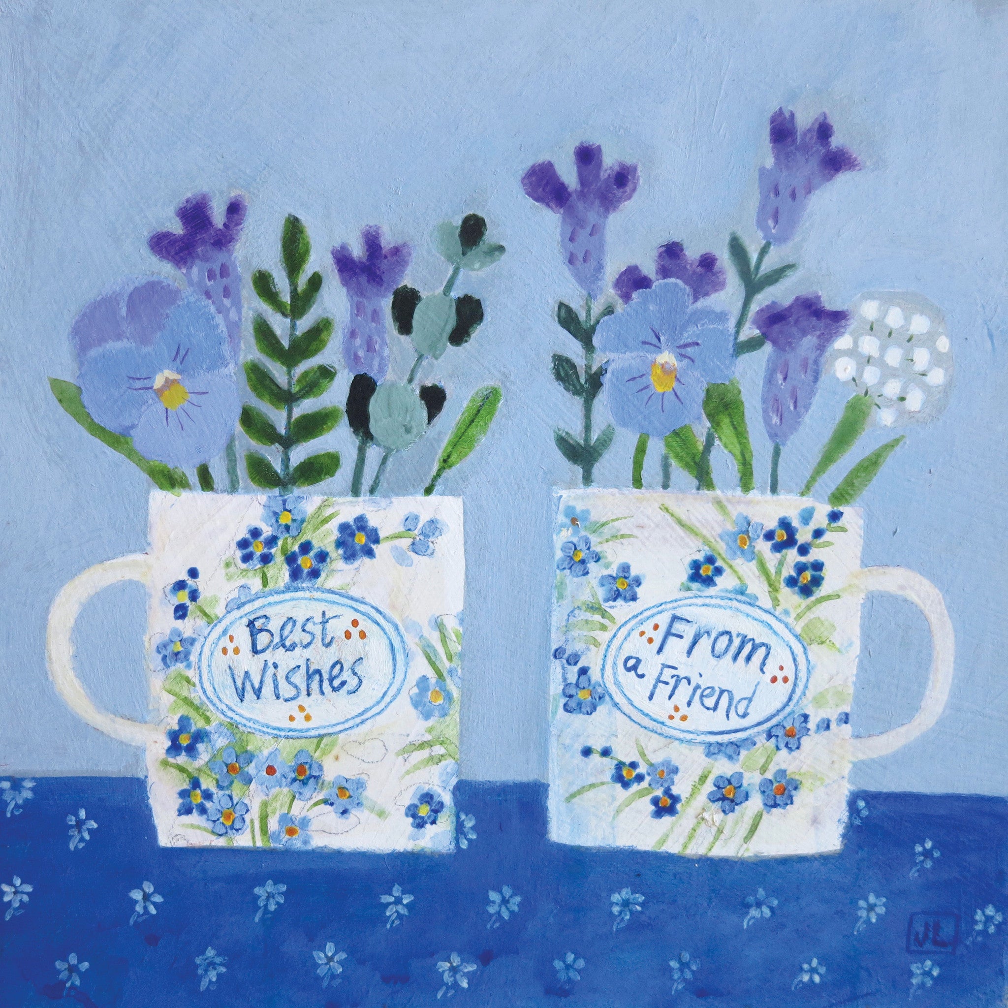 Best Wishes by Jill Leman, Fine Art Greeting Card, Acrylic on Board, Two cups with blue flowers